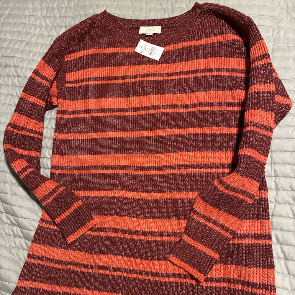 LOFT Striped Crew Neck Sweater - Pink and Burgundy